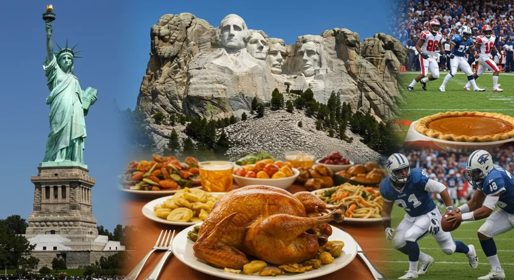 Colagem artística com a Estátua da Liberdade, Monte Rushmore, jantar de Ação de Graças e futebol americano, representando aspectos culturais dos Estados Unidos.