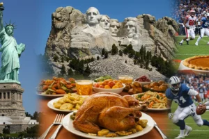 Colagem artística com a Estátua da Liberdade, Monte Rushmore, jantar de Ação de Graças e futebol americano, representando aspectos culturais dos Estados Unidos.
