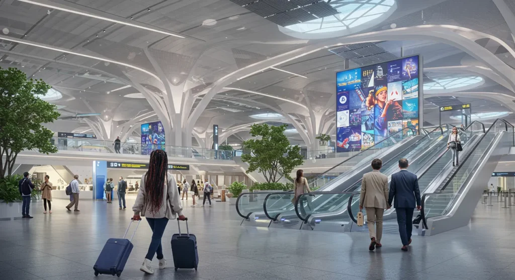 Aeroporto futurista com viajantes de diferentes nacionalidades, painéis digitais e arquitetura moderna representando as tendências do turismo em 2025.
