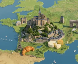 Mapa ilustrado da França com monumentos icônicos em destaque, como a Torre Eiffel, o Louvre, vinhedos e queijos, representando as principais curiosidades culturais do país