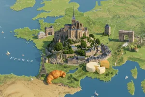 Mapa ilustrado da França com monumentos icônicos em destaque, como a Torre Eiffel, o Louvre, vinhedos e queijos, representando as principais curiosidades culturais do país