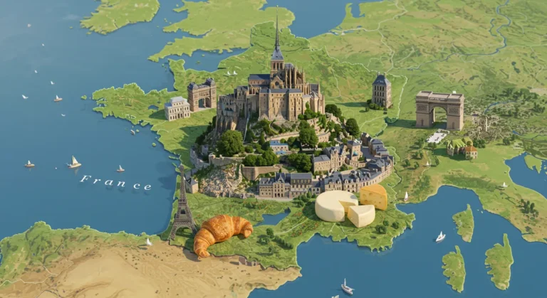 Mapa ilustrado da França com monumentos icônicos em destaque, como a Torre Eiffel, o Louvre, vinhedos e queijos, representando as principais curiosidades culturais do país