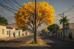 Ipê Amarelo florescendo ao lado de um poste de concreto em uma calçada de Porto Velho, representando a incrível história da árvore que voltou a viver.
