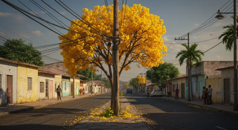 Ipê Amarelo florescendo ao lado de um poste de concreto em uma calçada de Porto Velho, representando a incrível história da árvore que voltou a viver.