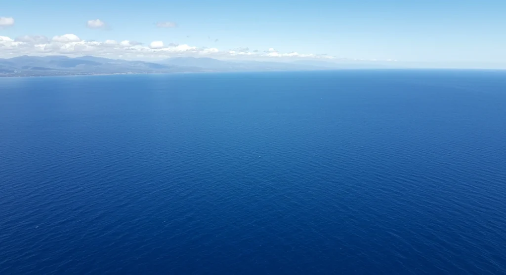 Vista aérea do imenso Oceano Pacífico sob um céu claro e azul, transmitindo a grandiosidade e a beleza natural do maior oceano do mundo.