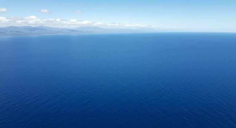 Vista aérea do imenso Oceano Pacífico sob um céu claro e azul, transmitindo a grandiosidade e a beleza natural do maior oceano do mundo.