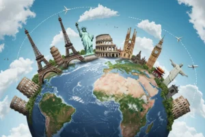Globo terrestre com marcos turísticos famosos surgindo em grande escala, como Torre Eiffel, Estátua da Liberdade, Coliseu, Muralha da China e Cristo Redentor, com aviões circulando o planeta em um cenário de viagem inspirador.