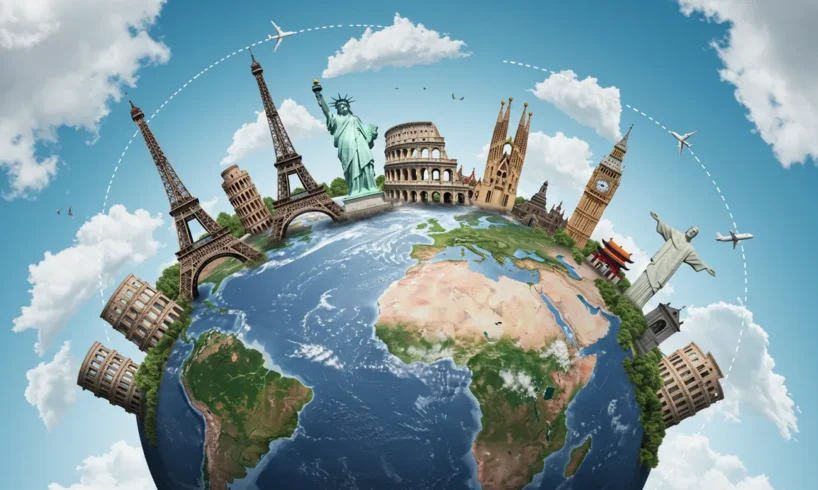Globo terrestre com marcos turísticos famosos surgindo em grande escala, como Torre Eiffel, Estátua da Liberdade, Coliseu, Muralha da China e Cristo Redentor, com aviões circulando o planeta em um cenário de viagem inspirador.