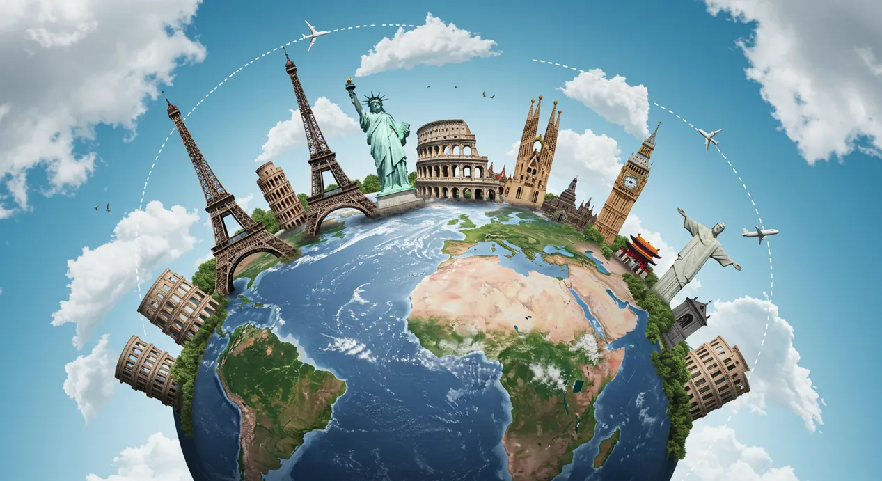 Globo terrestre com marcos turísticos famosos surgindo em grande escala, como Torre Eiffel, Estátua da Liberdade, Coliseu, Muralha da China e Cristo Redentor, com aviões circulando o planeta em um cenário de viagem inspirador.