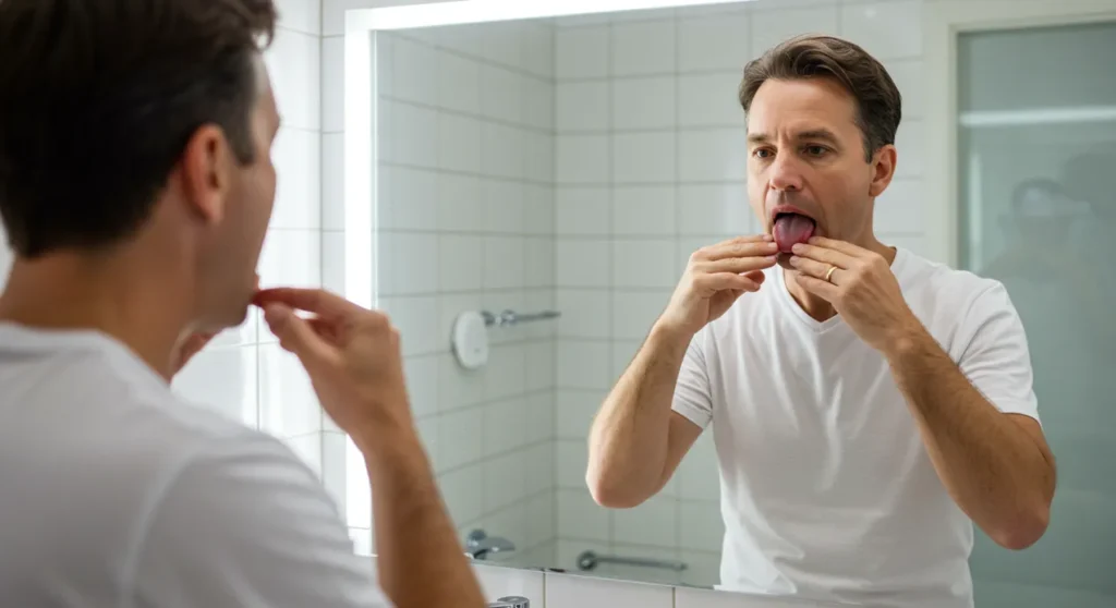Pessoa fazendo exercícios faciais e com a língua diante do espelho como forma natural de reduzir o ronco.