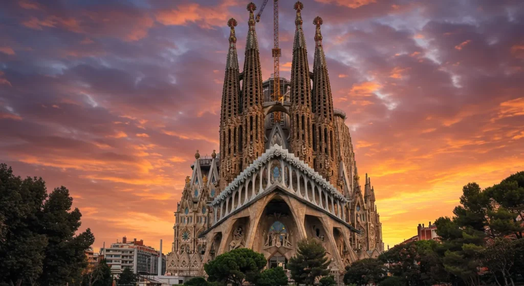 Catedral da Sagrada Família em Barcelona durante o pôr do sol, com iluminação dourada e vista majestosa. curiosidades sobre a Espanha