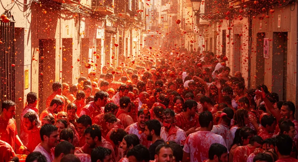 Multidão nas ruas de Buñol jogando tomates durante o festival La Tomatina, em um cenário vibrante e caótico. curiosidades sobre a Espanha