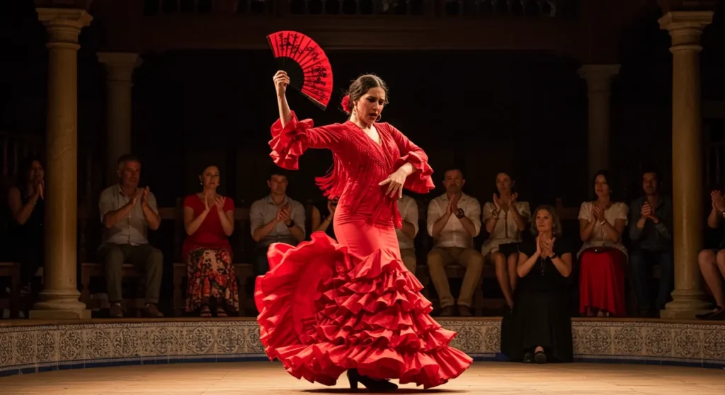 Dançarina de flamenco com vestido vermelho em um palco tradicional espanhol, enquanto o público aplaude. curiosidades sobre a Espanha