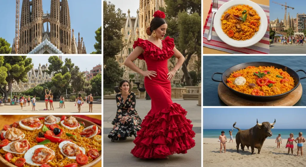 Montagem vibrante com elementos icônicos da Espanha, como a Sagrada Família, dançarina de flamenco, prato de paella, touro e festas populares.