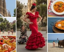 Montagem vibrante com elementos icônicos da Espanha, como a Sagrada Família, dançarina de flamenco, prato de paella, touro e festas populares.