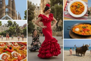 Montagem vibrante com elementos icônicos da Espanha, como a Sagrada Família, dançarina de flamenco, prato de paella, touro e festas populares.
