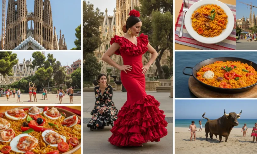 Montagem vibrante com elementos icônicos da Espanha, como a Sagrada Família, dançarina de flamenco, prato de paella, touro e festas populares.