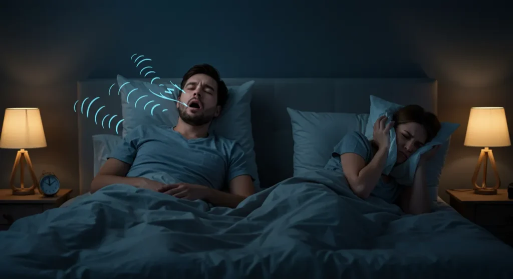 Homem roncando alto na cama enquanto a mulher cobre os ouvidos com um travesseiro, visivelmente incomodada.