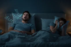 Homem roncando alto na cama enquanto a mulher cobre os ouvidos com um travesseiro, visivelmente incomodada.