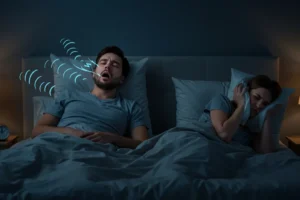 Homem roncando alto na cama enquanto a mulher cobre os ouvidos com um travesseiro, visivelmente incomodada.