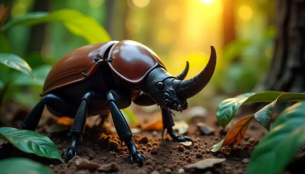 Besouro-rinoceronte com chifre proeminente em floresta tropical, sobre tronco de árvore