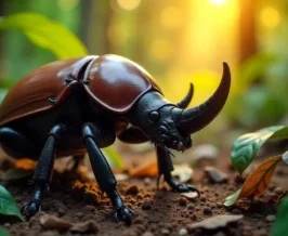 Besouro-rinoceronte com chifre proeminente em floresta tropical, sobre tronco de árvore
