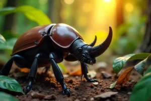 Besouro-rinoceronte com chifre proeminente em floresta tropical, sobre tronco de árvore