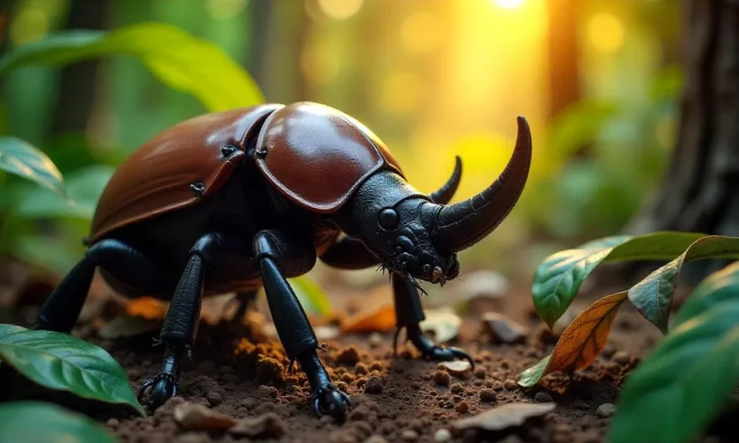 Besouro-rinoceronte com chifre proeminente em floresta tropical, sobre tronco de árvore