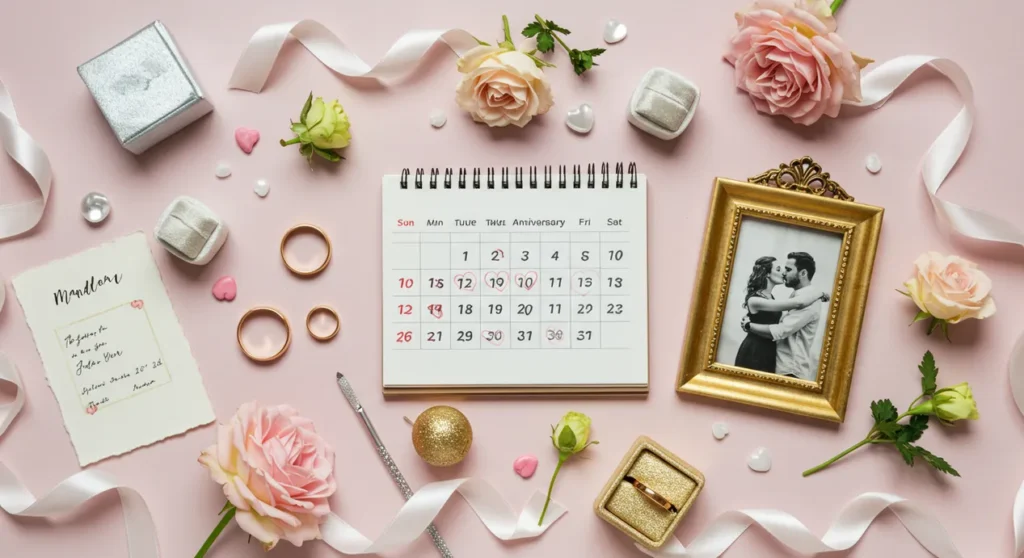 Composi&ccedil;&atilde;o rom&acirc;ntica e elegante com alian&ccedil;as douradas, calend&aacute;rio marcado com cora&ccedil;&otilde;es, porta-retratos vintage de casal e materiais simb&oacute;licos como papel, prata e ouro sobre fundo claro com flores e fitas.