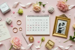 Composição romântica e elegante com alianças douradas, calendário marcado com corações, porta-retratos vintage de casal e materiais simbólicos como papel, prata e ouro sobre fundo claro com flores e fitas.