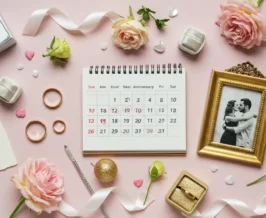 Composição romântica e elegante com alianças douradas, calendário marcado com corações, porta-retratos vintage de casal e materiais simbólicos como papel, prata e ouro sobre fundo claro com flores e fitas.