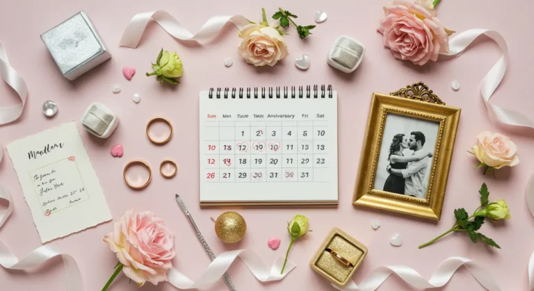 Composição romântica e elegante com alianças douradas, calendário marcado com corações, porta-retratos vintage de casal e materiais simbólicos como papel, prata e ouro sobre fundo claro com flores e fitas.