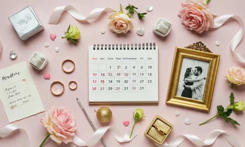 Composição romântica e elegante com alianças douradas, calendário marcado com corações, porta-retratos vintage de casal e materiais simbólicos como papel, prata e ouro sobre fundo claro com flores e fitas.