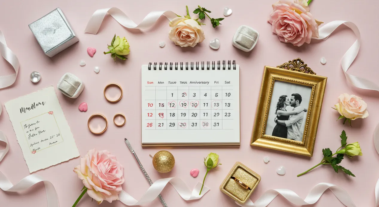 Composição romântica e elegante com alianças douradas, calendário marcado com corações, porta-retratos vintage de casal e materiais simbólicos como papel, prata e ouro sobre fundo claro com flores e fitas.