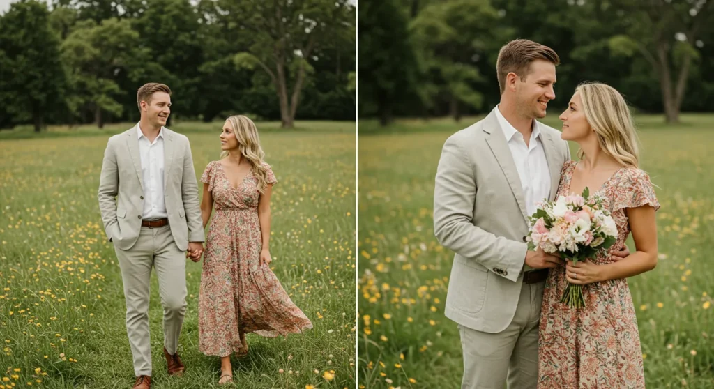 Casal posando em um campo florido durante ensaio fotográfico romântico, com roupas leves e clima natural e espontâneo.