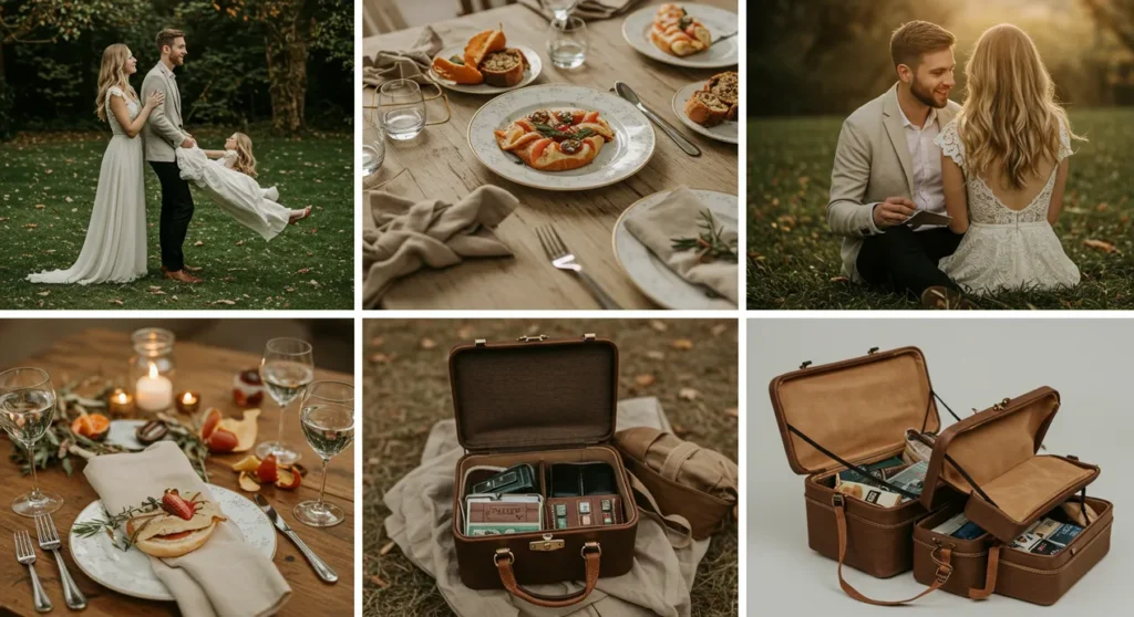 Colagem com diferentes formas de comemorar as bodas: casal renovando votos, jantar romântico, viagem a dois e ensaio fotográfico profissional, em clima acolhedor e festivo.