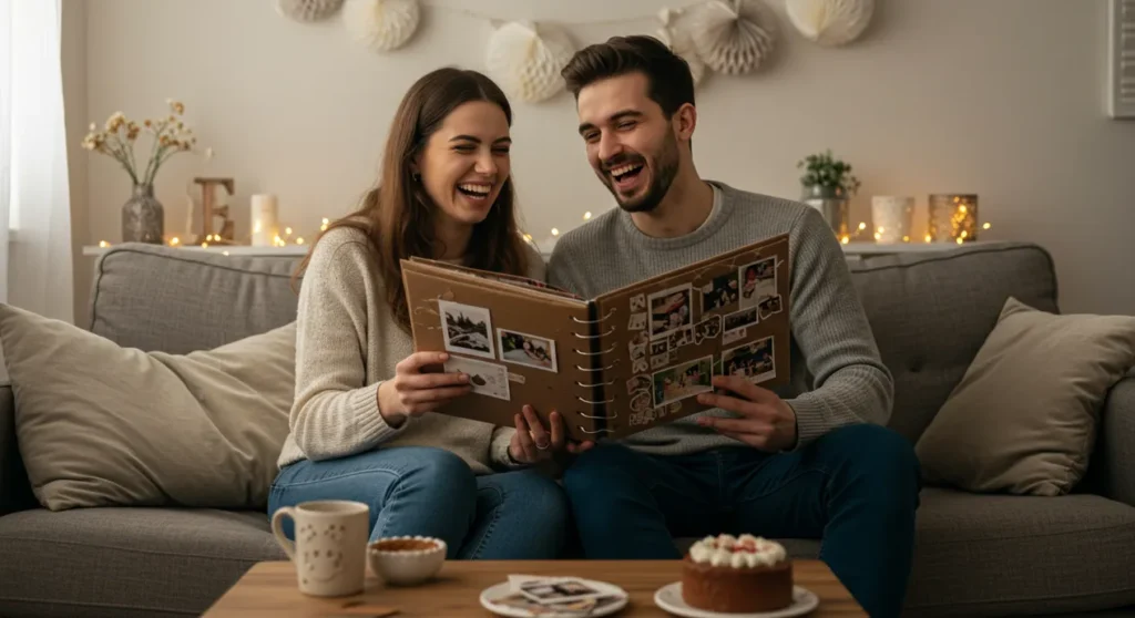 Casal jovem sentado no sofá rindo enquanto folheia um álbum de memórias artesanal, com decoração em papel, luz suave e clima romântico.