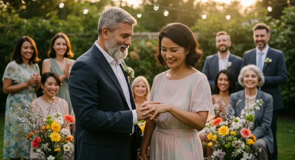 Casal de meia-idade trocando alianças prateadas em um jardim com familiares ao redor, decoração elegante e atmosfera de celebração ao entardecer.