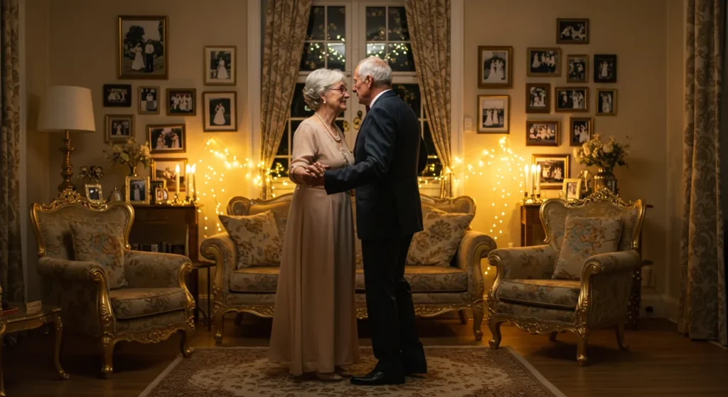 Casal idoso dançando abraçado em uma sala decorada com detalhes dourados, fotos antigas de casamento e luzes delicadas, transmitindo emoção e carinho.
