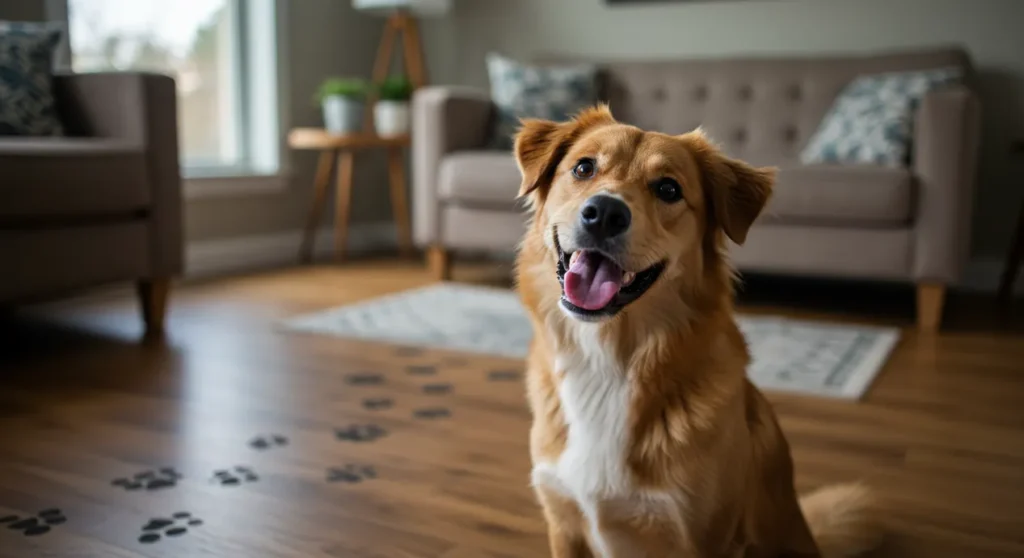 Cachorro sentado no chão de uma sala aconchegante, inclinando a cabeça de forma curiosa — imagem ilustrativa sobre comportamentos caninos.