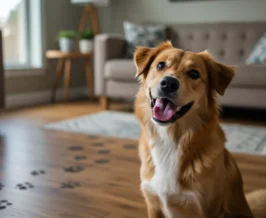 Cachorro sentado no chão de uma sala aconchegante, inclinando a cabeça de forma curiosa — imagem ilustrativa sobre comportamentos caninos.