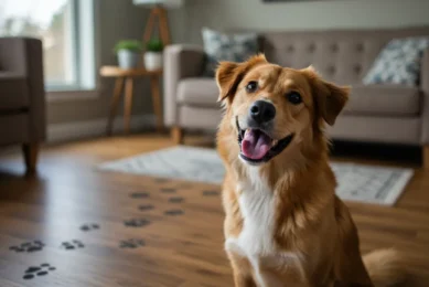 Cachorro sentado no chão de uma sala aconchegante, inclinando a cabeça de forma curiosa — imagem ilustrativa sobre comportamentos caninos.