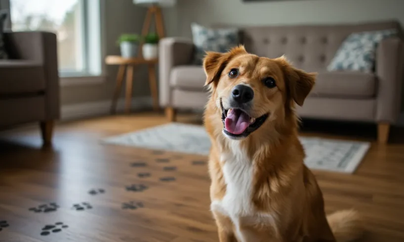 Cachorro sentado no chão de uma sala aconchegante, inclinando a cabeça de forma curiosa — imagem ilustrativa sobre comportamentos caninos.