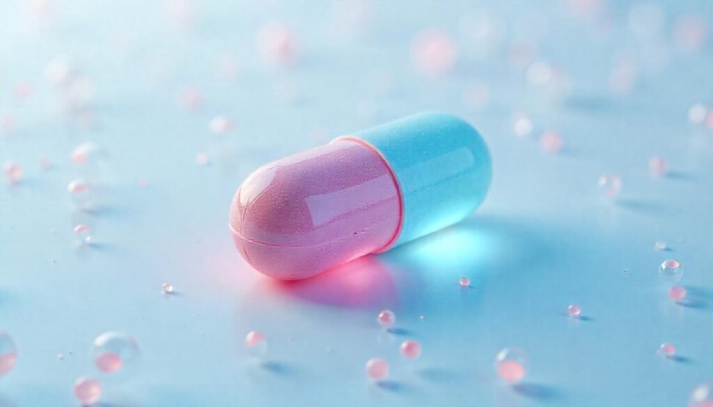 Pílula anticoncepcional futurista com enzimas em vez de hormônios, sobre fundo médico