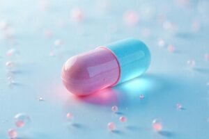 Pílula anticoncepcional futurista com enzimas em vez de hormônios, sobre fundo médico