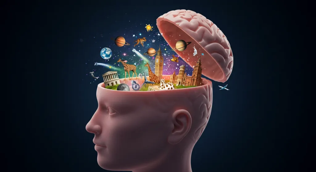 Ilustra&ccedil;&atilde;o digital de um c&eacute;rebro humano aberto com luzes coloridas e elementos como planetas, animais e monumentos saindo dele, representando conhecimentos curiosos sobre o mundo, ci&ecirc;ncia, natureza e hist&oacute;ria. curiosidade interessante