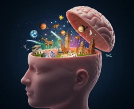 Ilustração digital de um cérebro humano aberto com luzes coloridas e elementos como planetas, animais e monumentos saindo dele, representando conhecimentos curiosos sobre o mundo, ciência, natureza e história. curiosidade interessante