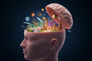 Ilustração digital de um cérebro humano aberto com luzes coloridas e elementos como planetas, animais e monumentos saindo dele, representando conhecimentos curiosos sobre o mundo, ciência, natureza e história. curiosidade interessante