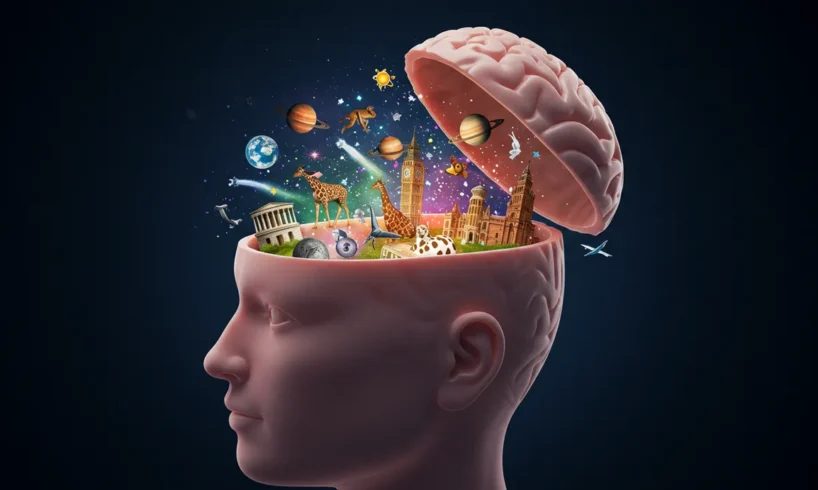 Ilustração digital de um cérebro humano aberto com luzes coloridas e elementos como planetas, animais e monumentos saindo dele, representando conhecimentos curiosos sobre o mundo, ciência, natureza e história. curiosidade interessante